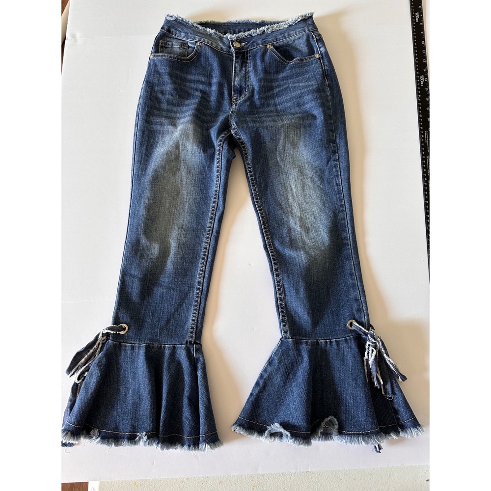 Flare Jeans Ruffle Hem Tie Detail Denim Pants Blue Distressed‎